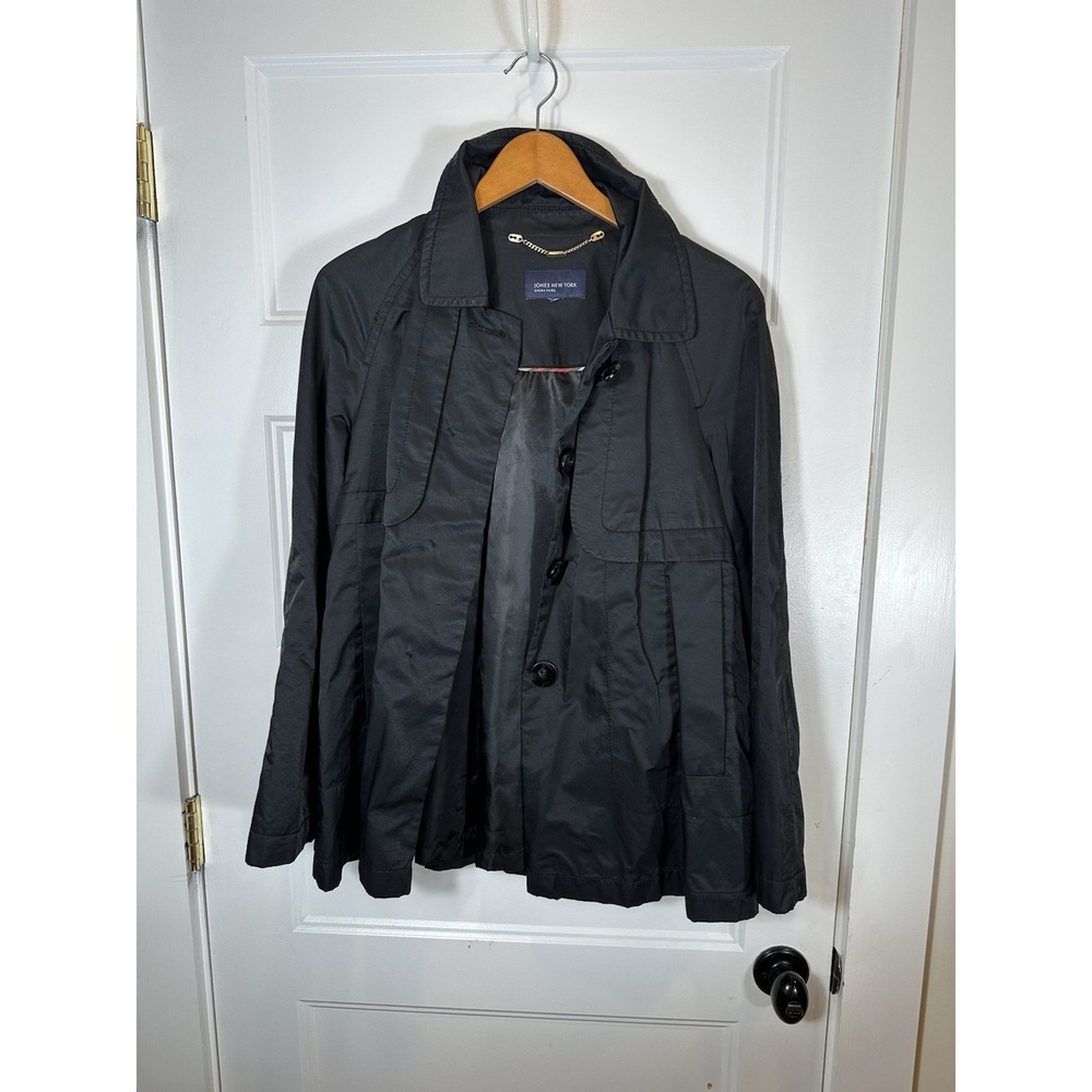 Jones NY Signature Womens Black Button Front Waterproof Swingy Jacket Size 10